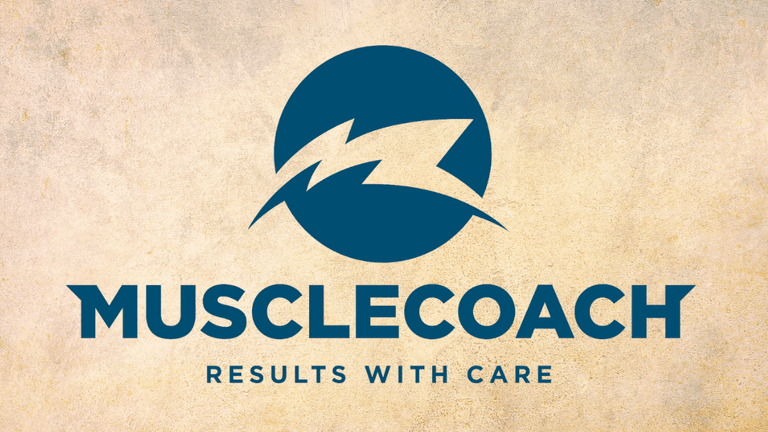 MuscleCoach logo with a blue circle and lightning bolt symbol, emphasizing results-driven coaching with care and personal growth.