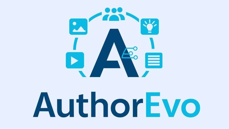 AuthorEvo logo with central “A” surrounded by icons representing content, media, and AI workflow.