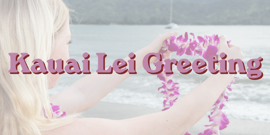 Young woman holding a purple lei on a Kauaʻi beach, welcoming visitors with aloha.