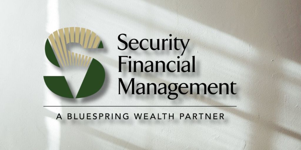 Security Financial Management logo with abstract 'S' design in green and gold. Tagline reads 'A Bluespring Wealth Partner' on a light textured background.
