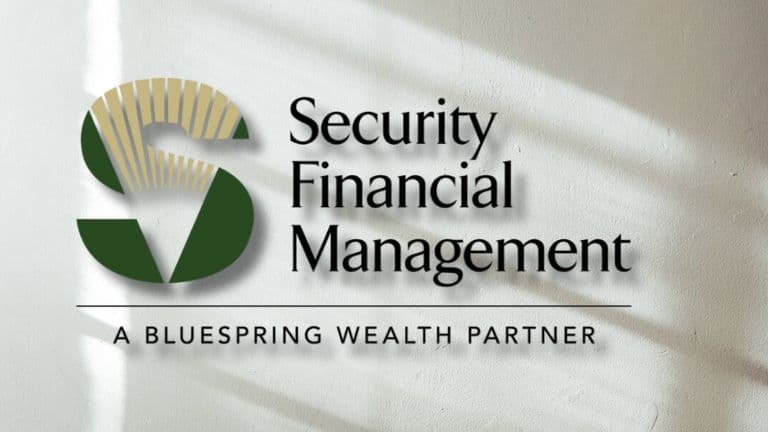 Security Financial Management logo with abstract 'S' design in green and gold. Tagline reads 'A Bluespring Wealth Partner' on a light textured background.