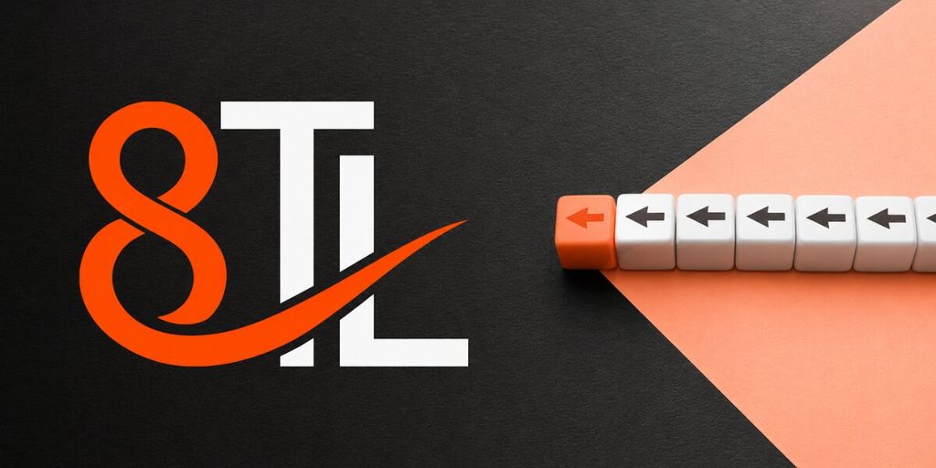Orange and white “8TL” logo beside arrow blocks pointing left, symbolizing direction, leadership, and alignment.