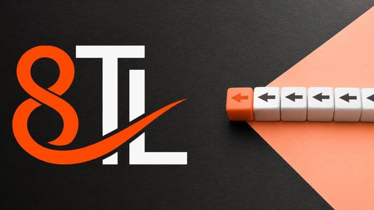 Orange and white “8TL” logo beside arrow blocks pointing left, symbolizing direction, leadership, and alignment.