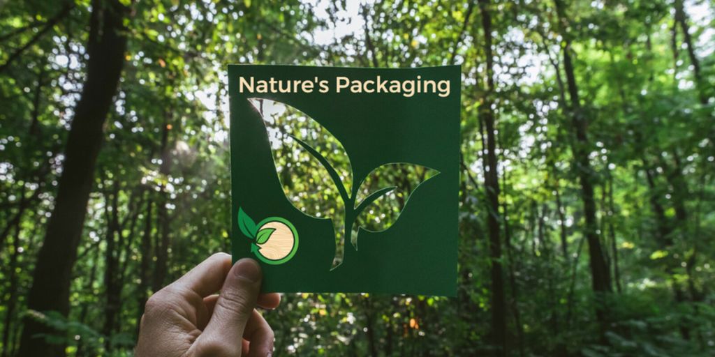 A hand holds a green cutout with a leaf design, symbolizing Nature's Packaging and its commitment to sustainability.