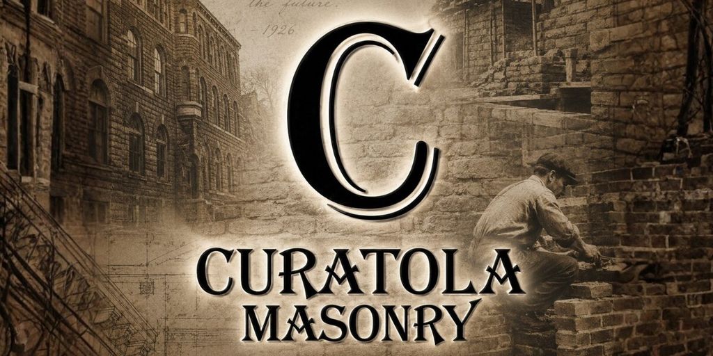 Curatola Masonry logo with historic masonry restoration imagery.