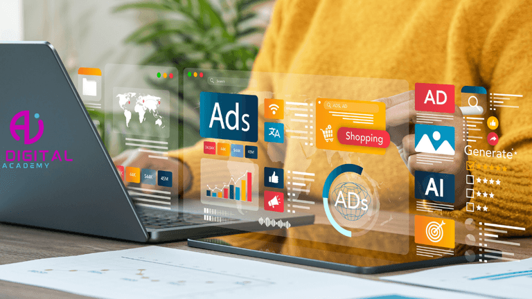 Person using laptop and tablet with AI-driven digital marketing ads and analytics, representing AI Digital Academy innovation.