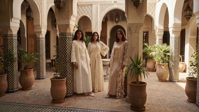 Three women wearing elegant, modest Middle Eastern-inspired garments in a luxurious architectural courtyard.