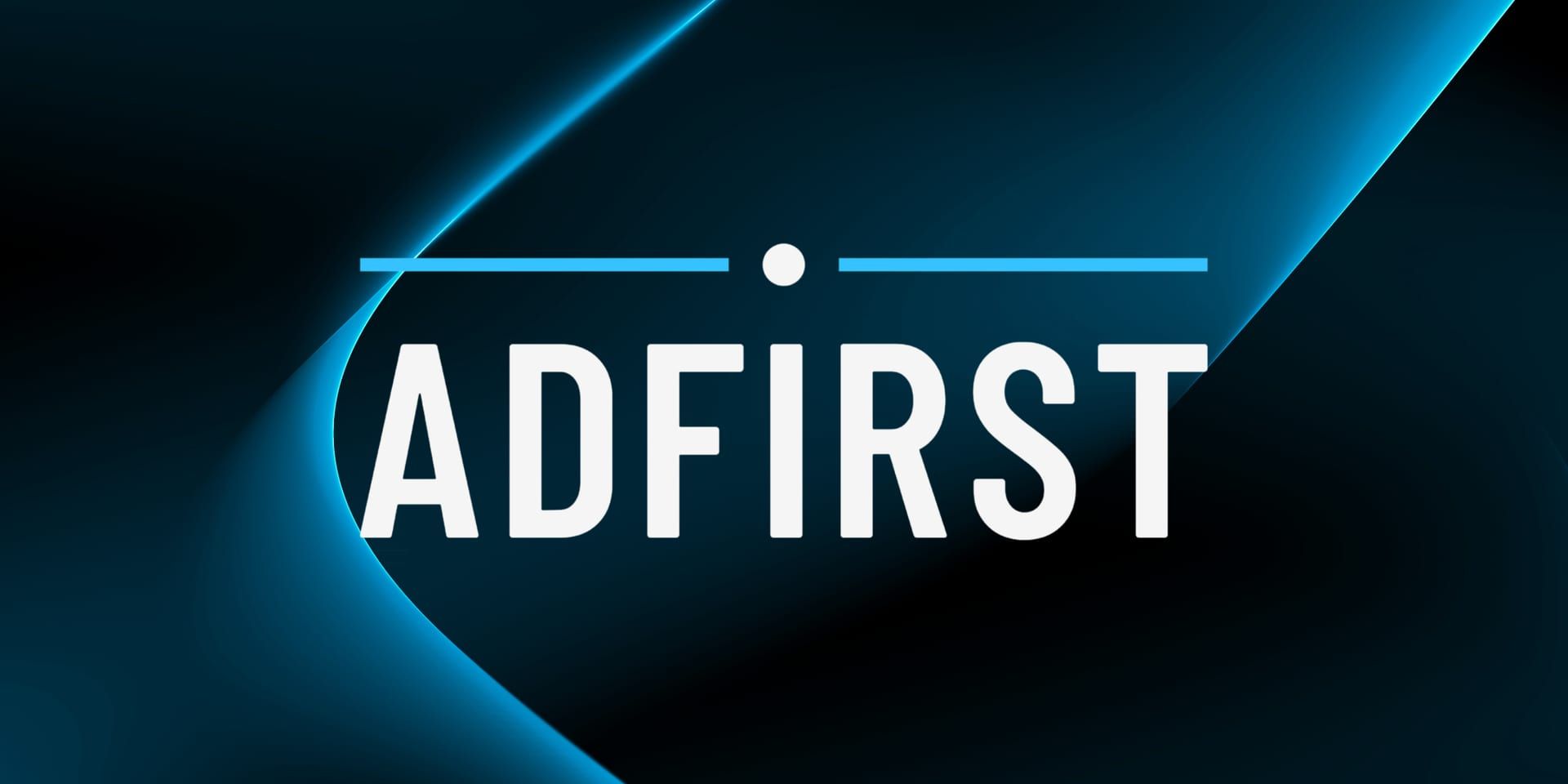 AdFirst logo on blue abstract background with white text and geometric light accents.
