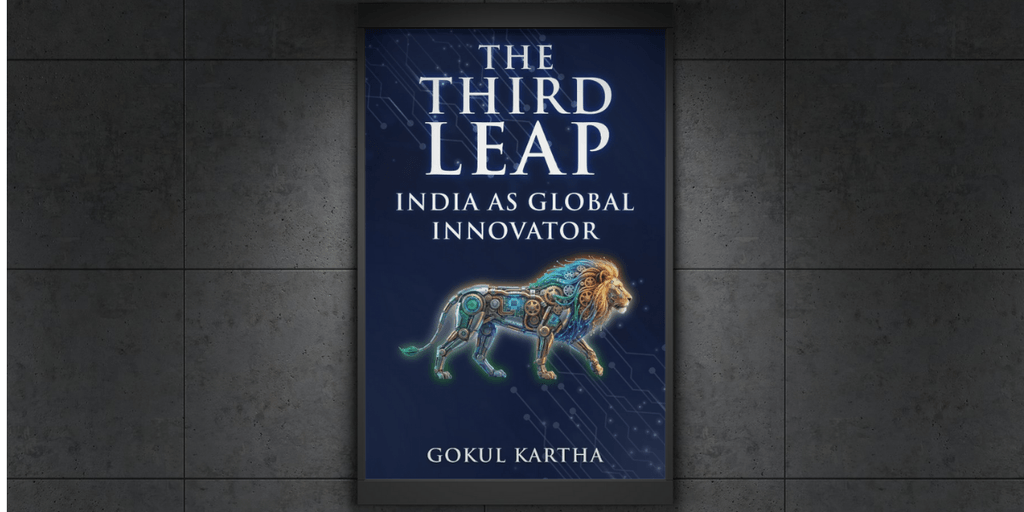 Book cover of "The Third Leap" by Gokul Kartha, showcasing India’s deep-tech transformation.