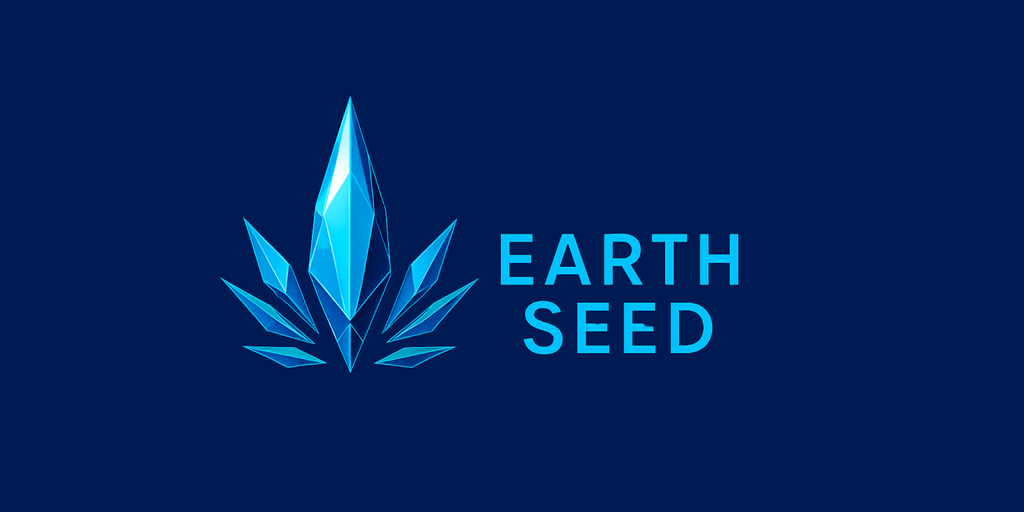 "Earth Seed logo featuring a stylized blue crystal design with sharp, angular facets on a dark blue background, symbolizing growth, strength, and sustainability."