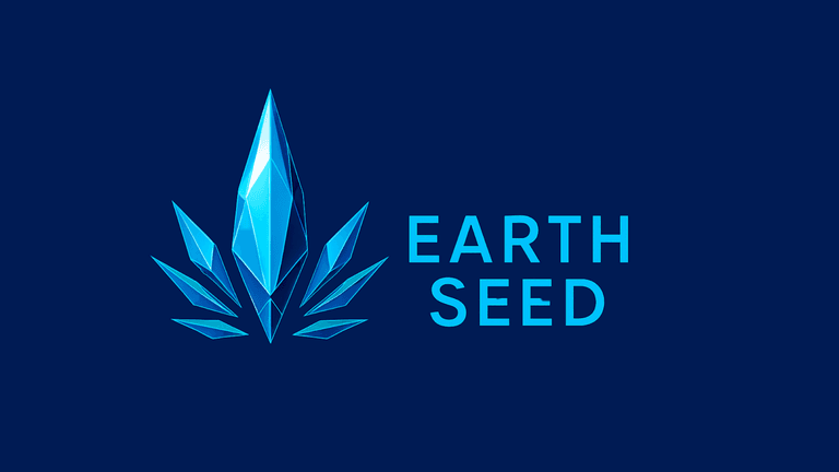 "Earth Seed logo featuring a stylized blue crystal design with sharp, angular facets on a dark blue background, symbolizing growth, strength, and sustainability."