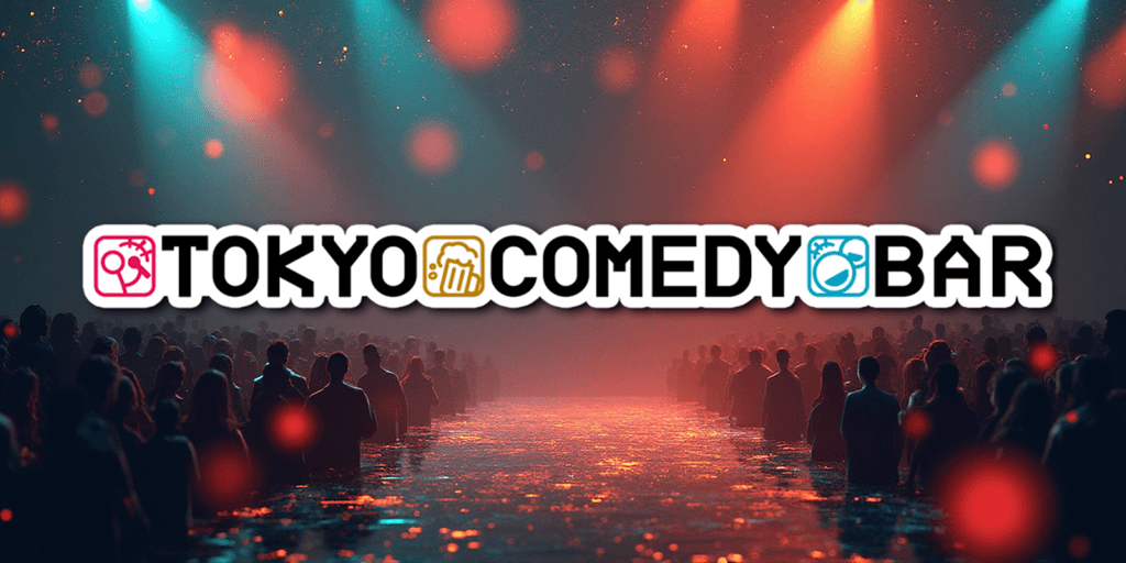 Image ALT Text Generator said: Tokyo Comedy Bar logo with a vibrant crowd under colorful lights.