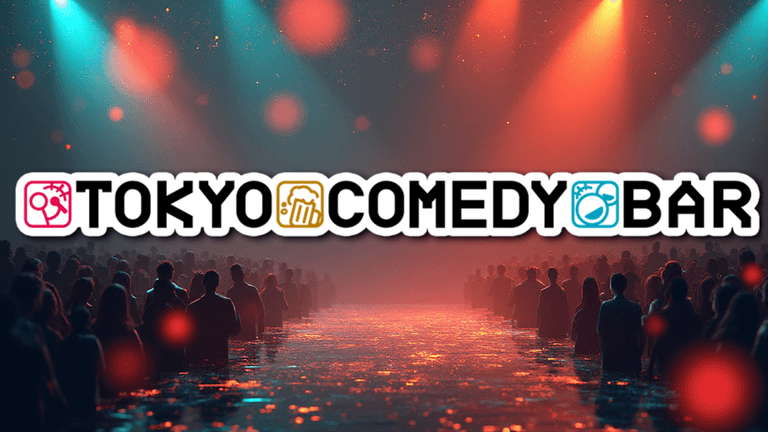 Image ALT Text Generator said: Tokyo Comedy Bar logo with a vibrant crowd under colorful lights.