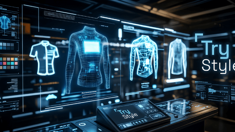 A digital interface showcasing virtual clothing try-on technology for fashion e-commerce.