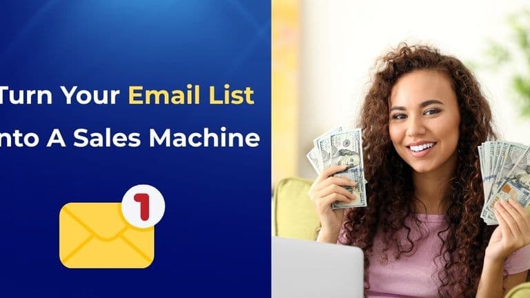 A woman holding cash with a laptop, promoting email list marketing for sales.