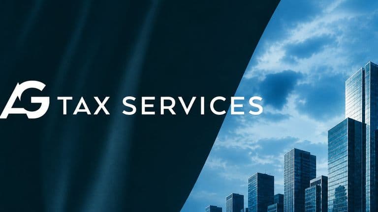 AG Tax Services logo beside a modern city skyline, representing strategic tax planning and business advisory services for growing companies.