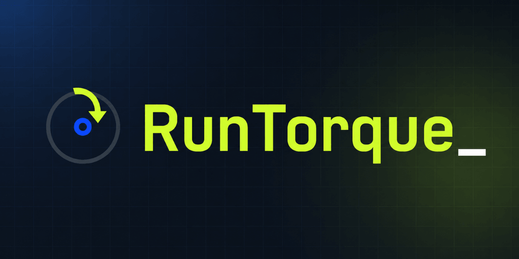 RunTorque logo in neon green on dark blue grid background with circular arrow icon.
