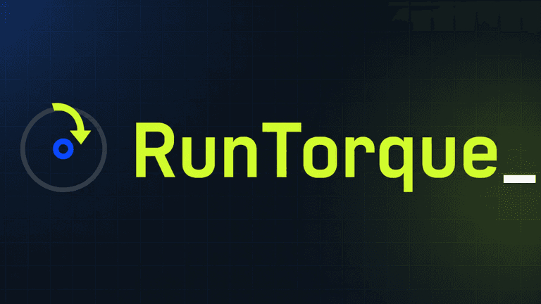 RunTorque logo in neon green on dark blue grid background with circular arrow icon.