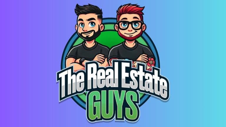 Cartoon-style logo of The Real Estate Guys featuring James Jones and Anthony Redmond with arms crossed and smiling.