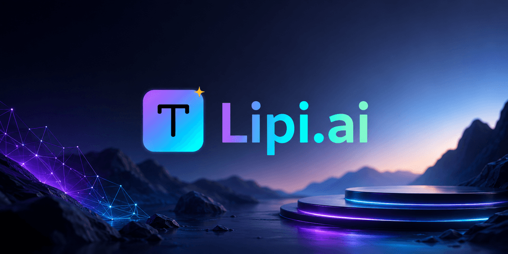 Lipi.ai logo on a futuristic neon-lit platform against a mountain landscape at dusk.