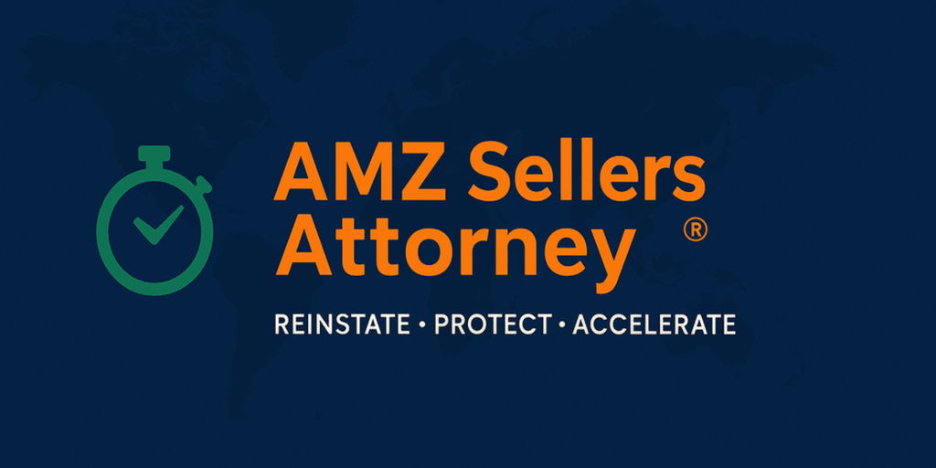 "AMZ Sellers Attorney logo featuring a stopwatch icon with a green checkmark, emphasizing the services of reinstating, protecting, and accelerating Amazon seller accounts."