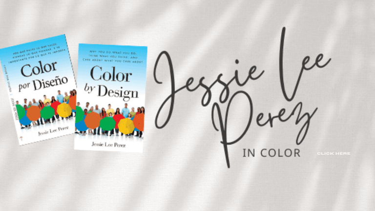 Books *Color by Design* and *Color por Diseño* beside “Jessie Lee Perez In Color” on textured background.