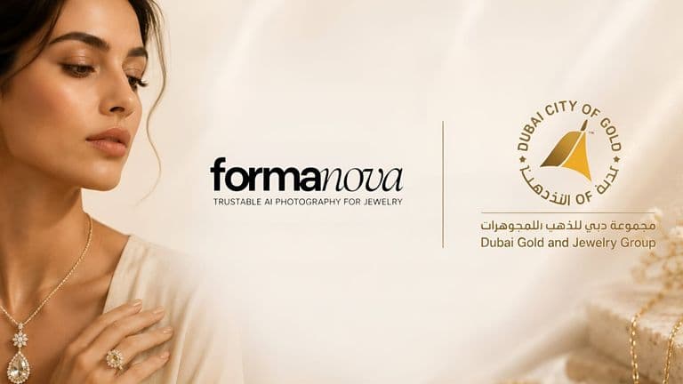 Woman modeling diamond jewelry beside FormaNova and Dubai Gold and Jewelry Group logos announcing AI partnership for jewelry industry innovation.