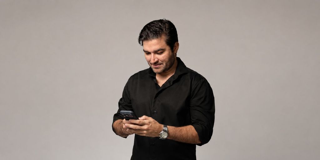 Man in black shirt looking at smartphone, wearing a wristwatch, against a neutral studio background.
