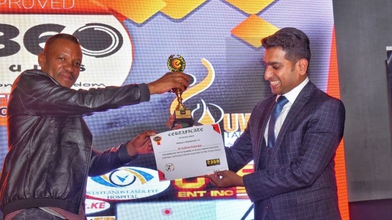 Dr. Vaibhav Pednekar receives an award for excellence in ophthalmology, recognized for his impactful work at Westlands Laser Eye Hospital.