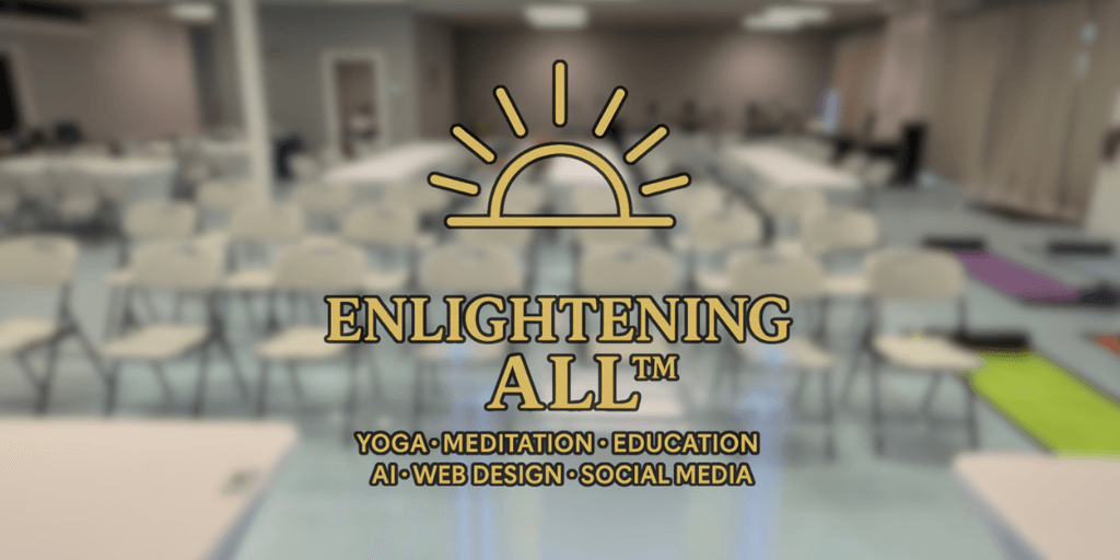 "ENLIGHTENING ALL logo represents a wellness and creative hub offering yoga, meditation, education, AI services, and digital marketing."