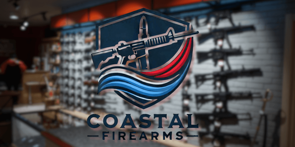 "Coastal Firearms logo and store interior showcasing firearms with a focus on educating and empowering responsible gun ownership."