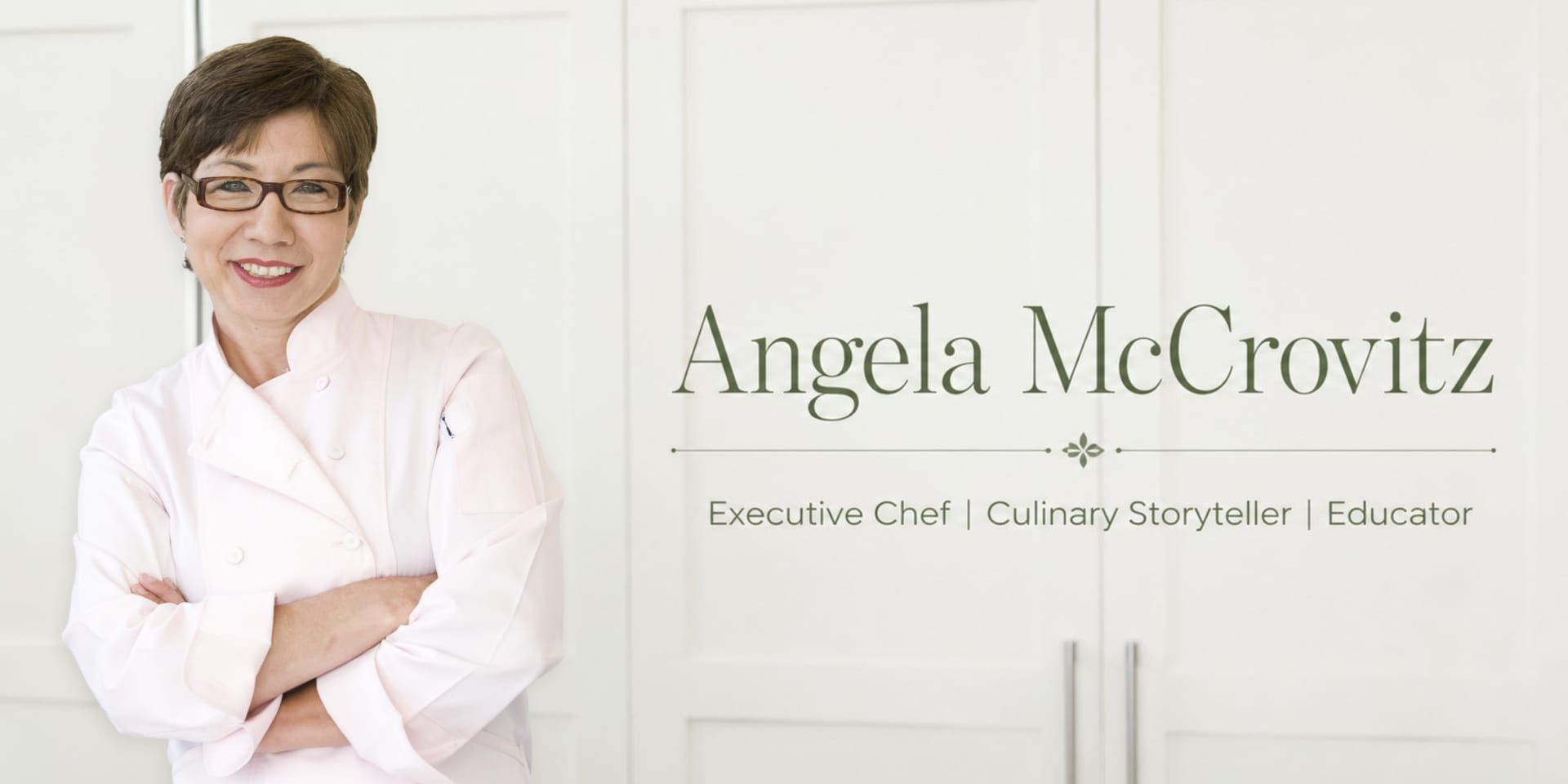 Angela McCrovitz in a chef's coat beside text identifying her as an executive chef, culinary storyteller, and educator.