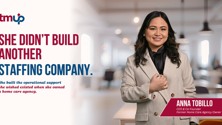 Anna Tobillo in a blazer beside TeamUp branding promoting operational support for home care agencies.