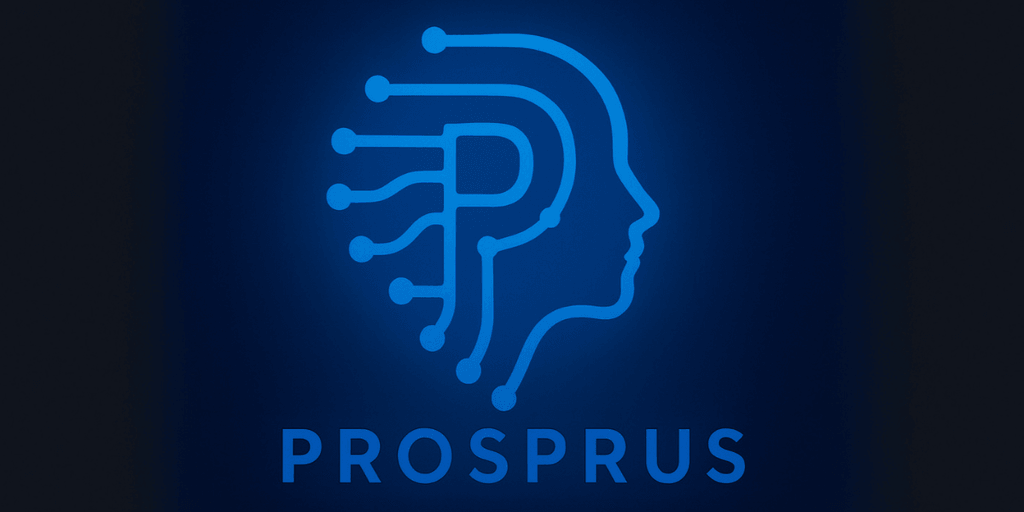 "Prosprus AI logo featuring a futuristic design with a digital outline of a human head, symbolizing the company's focus on AI-powered automation and innovation."
