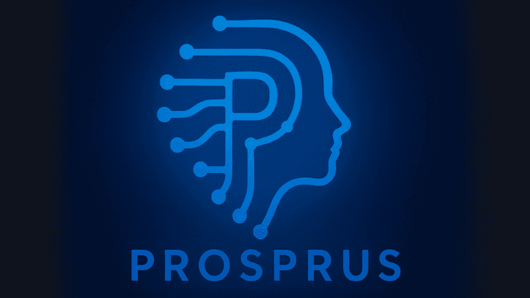 "Prosprus AI logo featuring a futuristic design with a digital outline of a human head, symbolizing the company's focus on AI-powered automation and innovation."