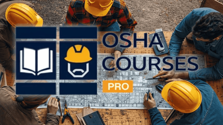 OSHA Courses Pro logo with construction workers collaborating over plans, emphasizing mobile-first, tech-driven workplace safety training solutions