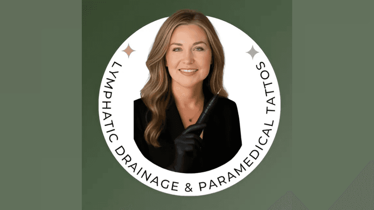Professional portrait of a woman holding a tool, surrounded by the logo for Lymphatic Drainage & Paramedical Tattoos, offering specialized services in lymphatic health and paramedical tattooing.