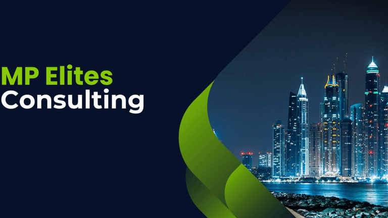 MP Elites Consulting logo with modern typography and a green and white color scheme, accompanied by a city skyline at night featuring illuminated skyscrapers.