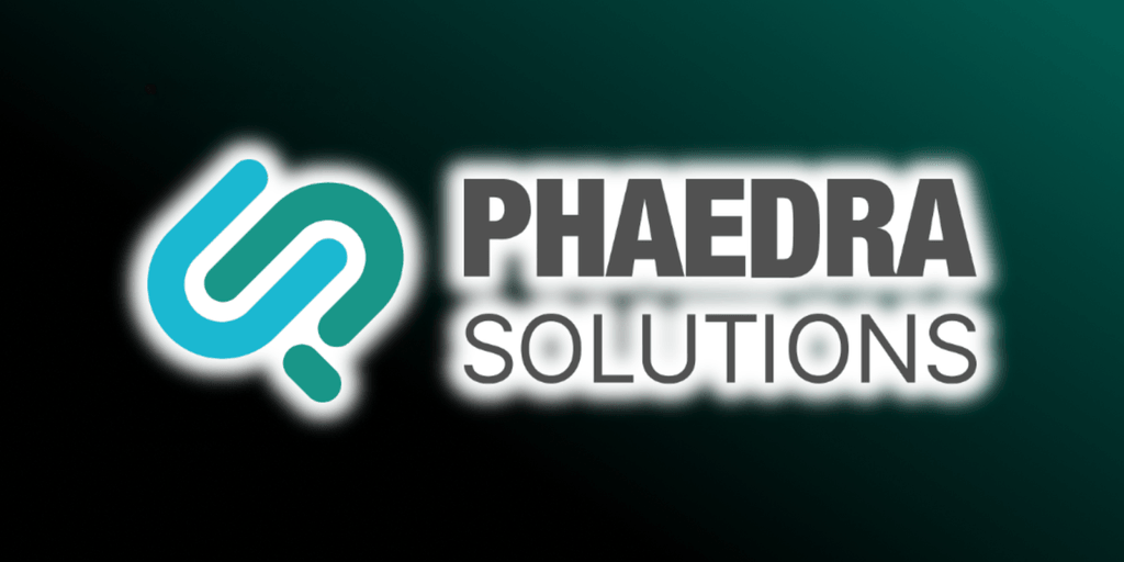 Phaedra Solutions logo showcasing modern design with turquoise symbol and bold gray text.