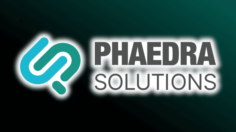 Phaedra Solutions logo showcasing modern design with turquoise symbol and bold gray text.