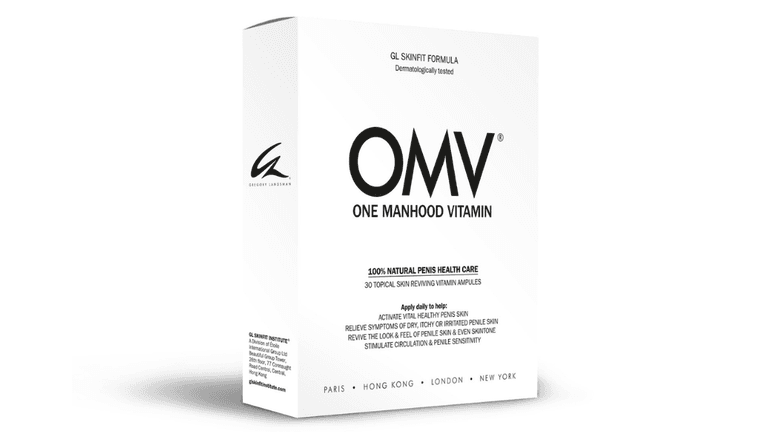 "OMV One Manhood Vitamin box packaging with branding, featuring 100% natural penis health care and 30 topical skin-reviving vitamin ampules for activating healthy skin and relieving symptoms of irritation."