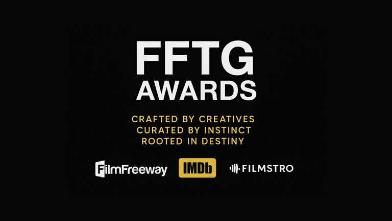 FFTG Awards promotional banner featuring bold white text on a black background, with slogans 'Crafted by Creatives, Curated by Instinct, Rooted in Destiny' in gold. Includes logos of FilmFreeway, IMDb, and Filmstro, indicating sponsorship or partnership.