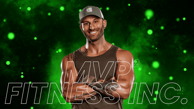A man wearing a cap and a tank top smiles confidently in front of a green, glowing background. The text "MVP² FITNESS INC." is displayed in large, white letters at the bottom.