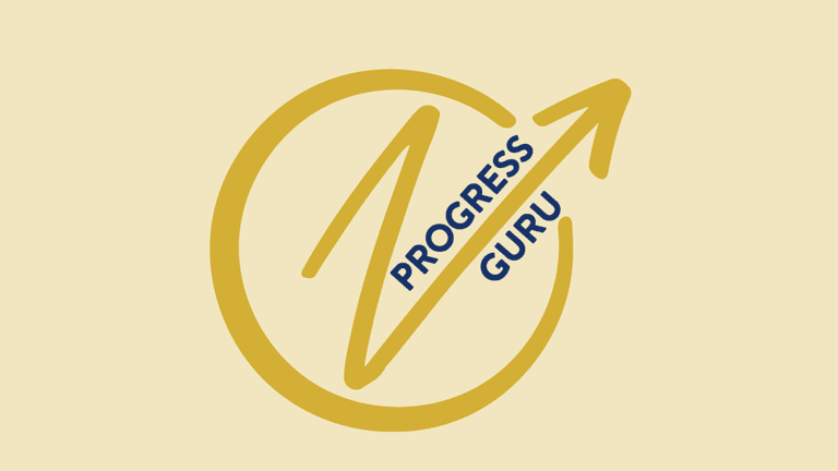A logo featuring a yellow circle with an upward arrow inside and the text "PROGRESS GURU" diagonally across it.