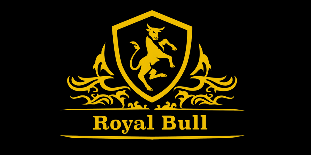 Royal Bull logo featuring a golden shield with an image of a rearing bull in the center, ornate flourishes surrounding the shield, and the text 'Royal Bull' in bold, golden letters beneath.