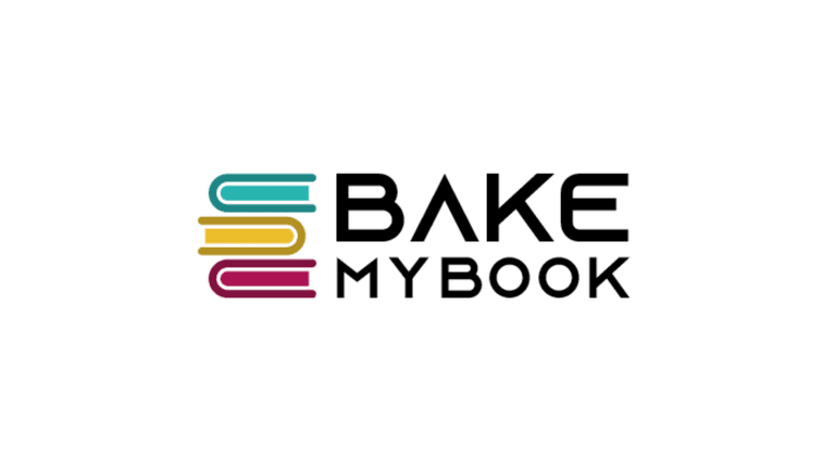 Logo of Bake My Book featuring colorful stacked books and bold typography.