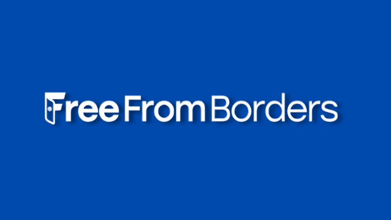 Logo of FreeFromBorders, featuring clean white text on a bold blue background, with a symbolic lock incorporated into the design.