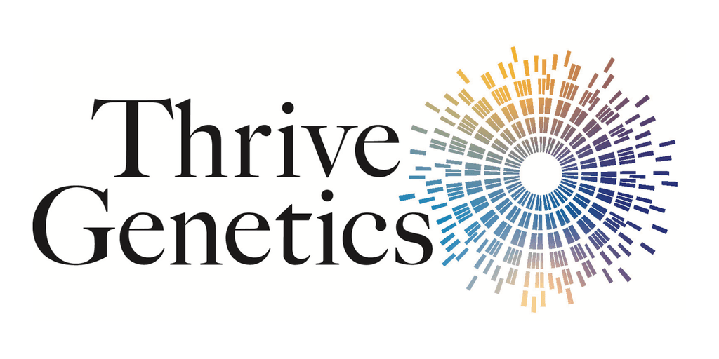 Thrive Genetics logo with company name and colorful radial DNA-inspired design.