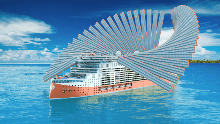 Futuristic cruise ship with massive curved solar panel sails floating on a bright blue ocean.