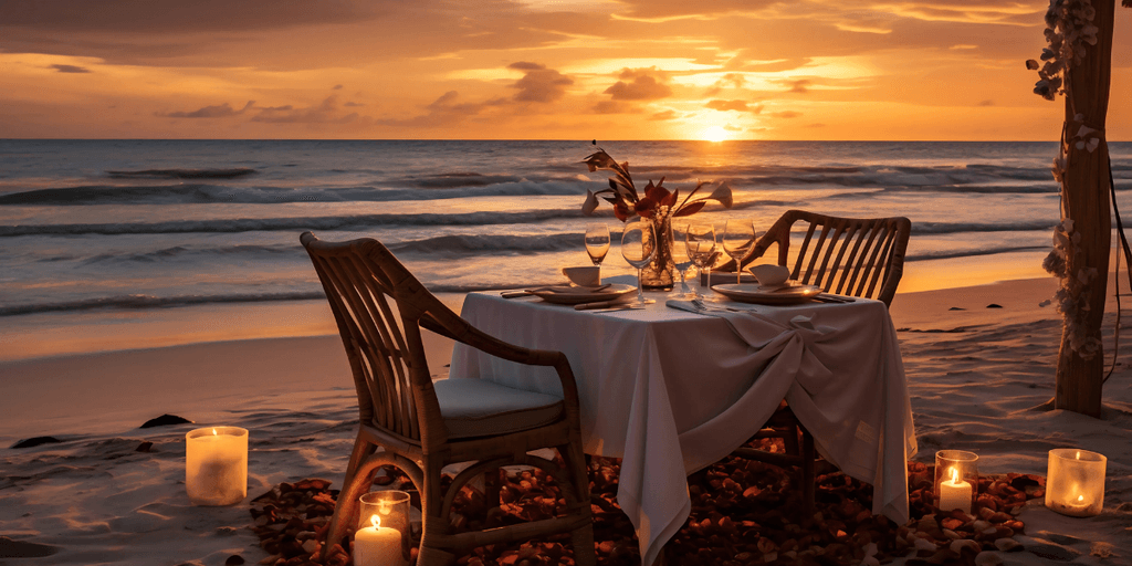 Romantic beach dinner setting at sunset, with a beautifully set table, candles, and a scenic ocean backdrop for a memorable dining experience.